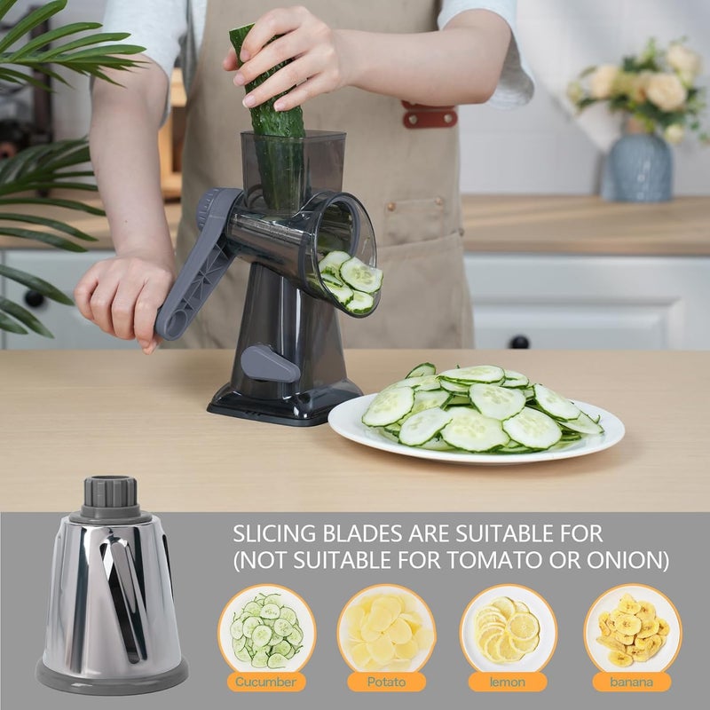 TiwisiTe Rotary Cheese Grater Multi-Purpose Stainless Steel Shredder- Cheese Grater With handle Effortless Grating of Vegetables, Nuts and Fruits,with Suction Base and Cleaning Brush (gray) - Image 4